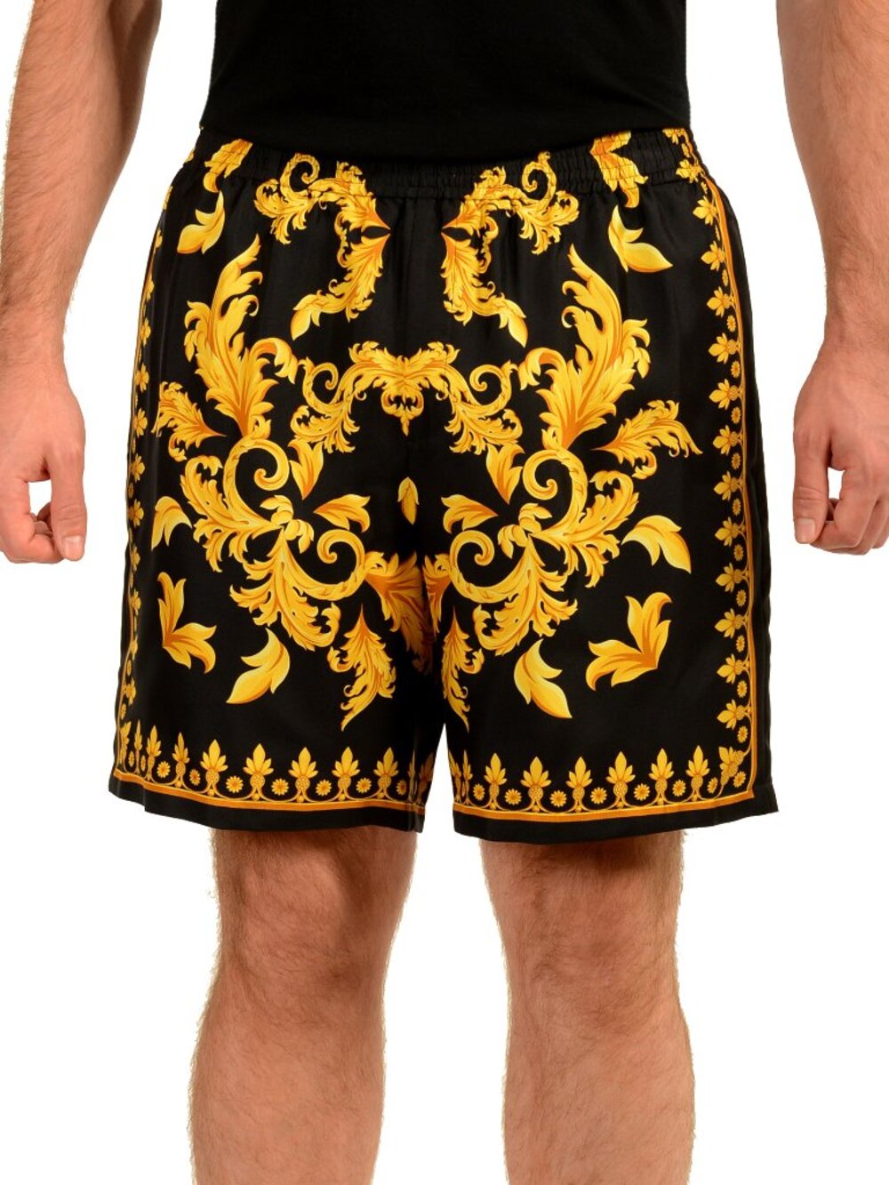 Versace Men's Black & Gold Barocco Print 100% Silk Shorts US L IT 52